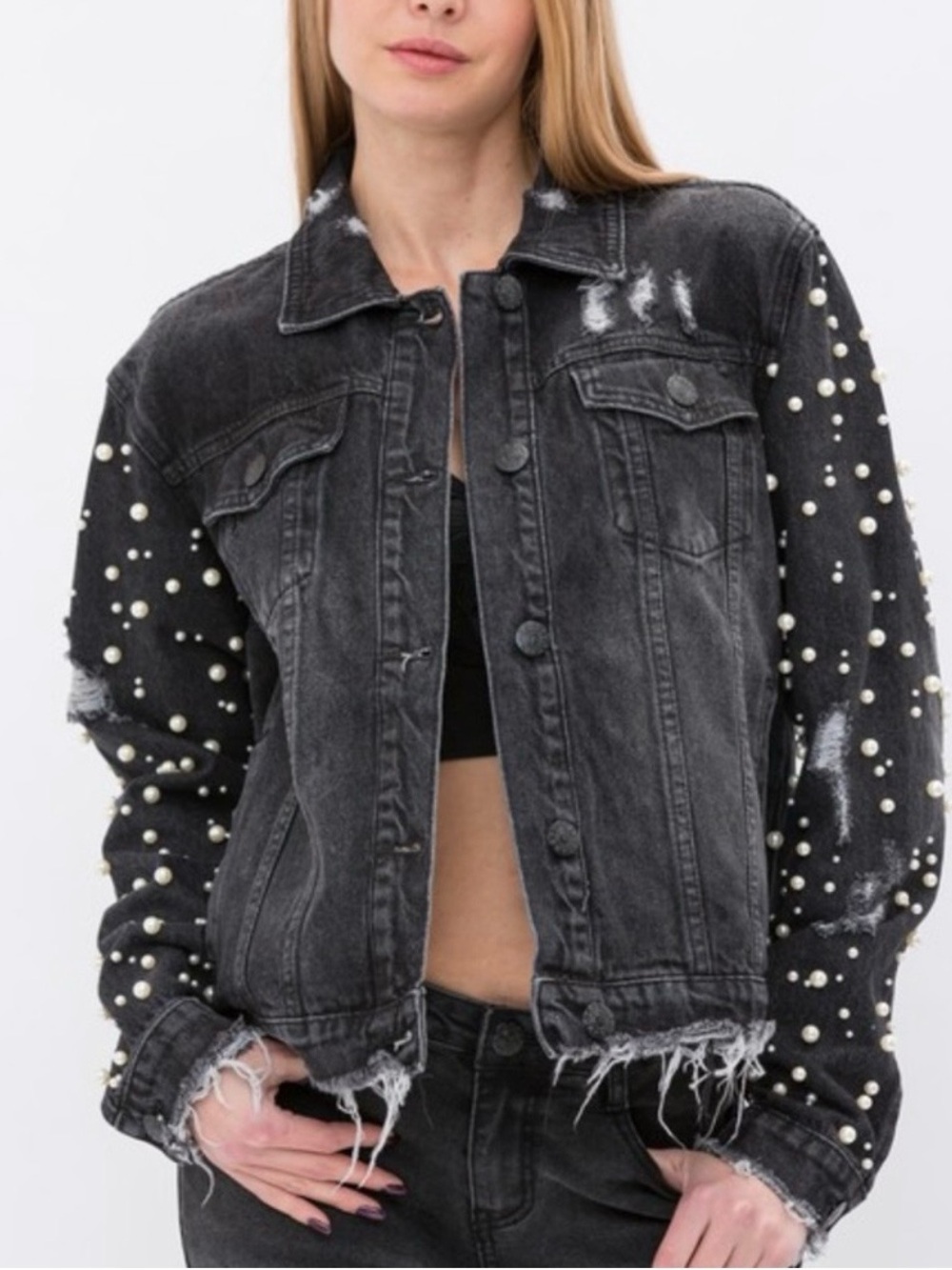 Vocal Black Distressed Denim Jacket with Pearl Trim